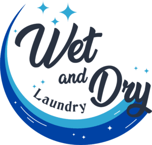 A blue and black logo for wet and dry laundry.